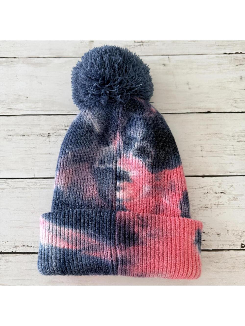 C.C Kids Tie Dye Pom Beanie Navy Pink Winter Hat Soft Stretch